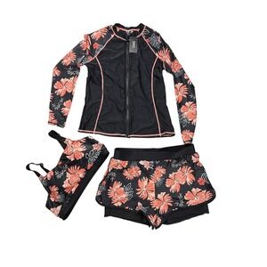 Daci Womens 3 Piece Rash Guard Swimsuit Set Floral Long Sleeve Black XL NEW